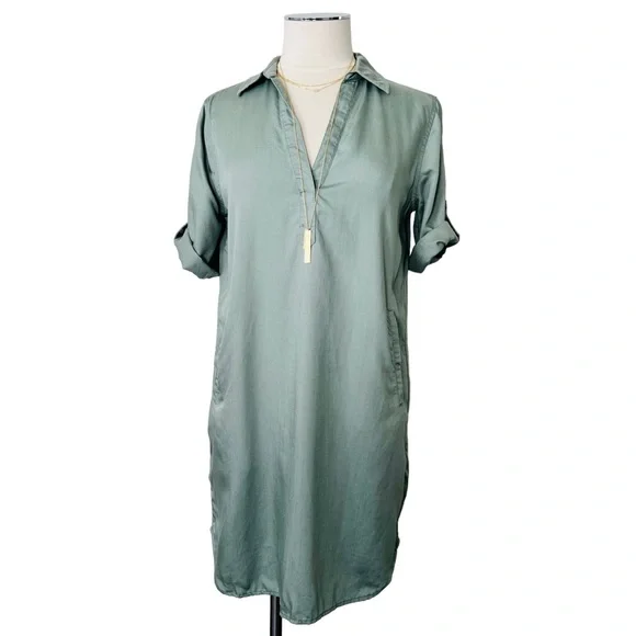 New LOFT LOUNGE Outlet Tencel Lyocell Dress Roll Up Sleeves Sage Green Sz S